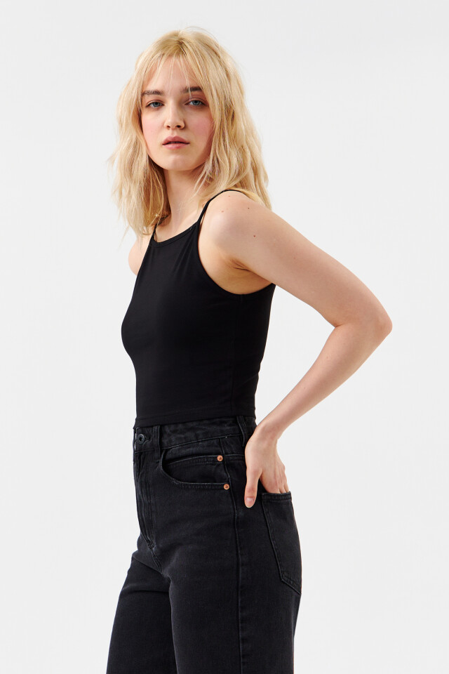 Майка CROPTOP хлопковая на тонких бретелях - цвет черный - 2