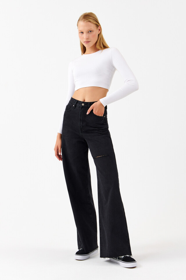 Джинсы wide leg с обрезанными краями - цвет черный - 4