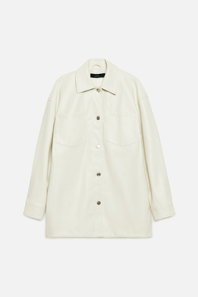 Рубашка oversize из искусственной кожи с нагрудными карманами - цвет бежевый - 9