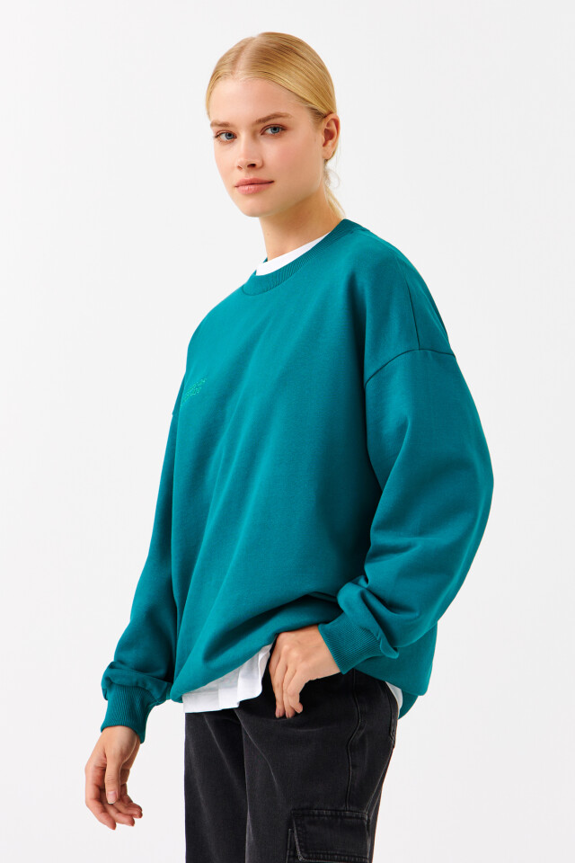 Свитшот хлопковый oversize с принтом - цвет зеленый - 2