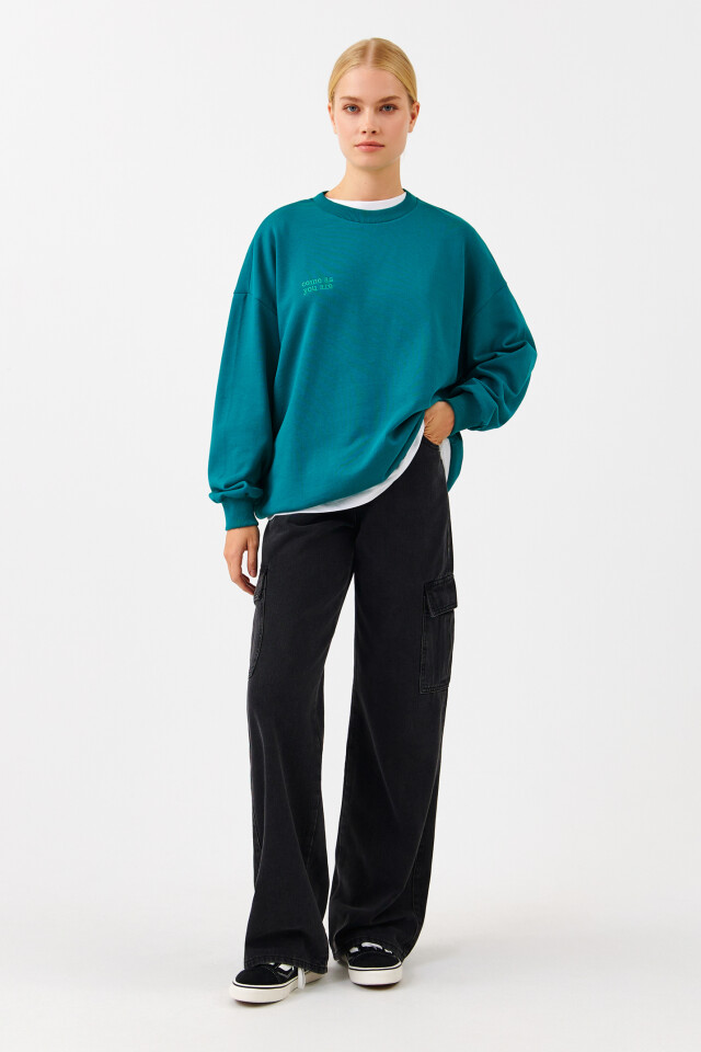 Свитшот хлопковый oversize с принтом - цвет зеленый - 4