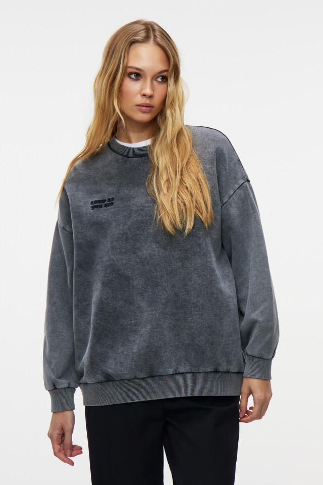 Свитшот хлопковый oversize с принтом - цвет серый - 1