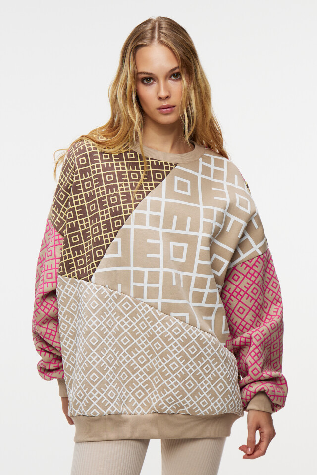 Толстовка хлопковая oversize в стиле пэчворк - цвет бежевый - 1