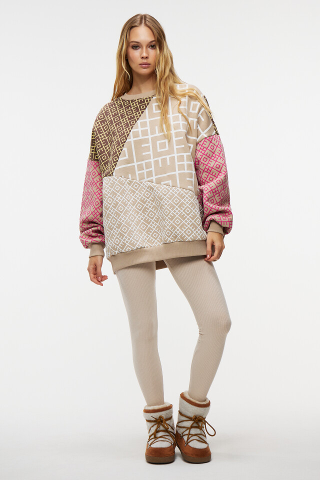 Толстовка хлопковая oversize в стиле пэчворк - цвет бежевый - 4