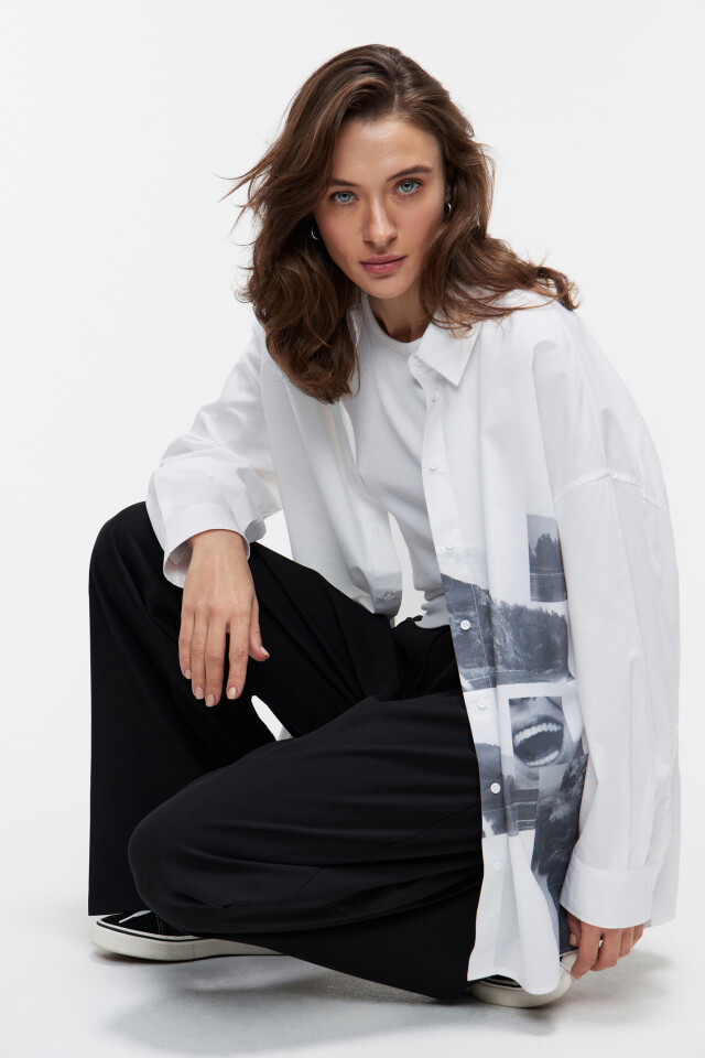 Рубашка oversize хлопковая с фотопринтом - цвет белый - 7