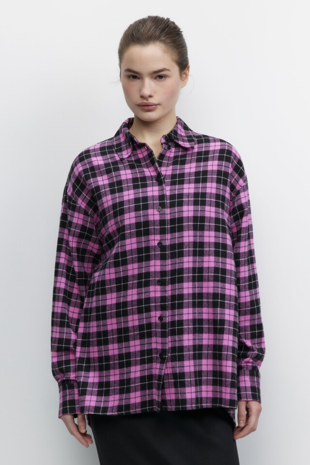 Рубашка oversize фланелевая клетчатая - цвет розовый - 2