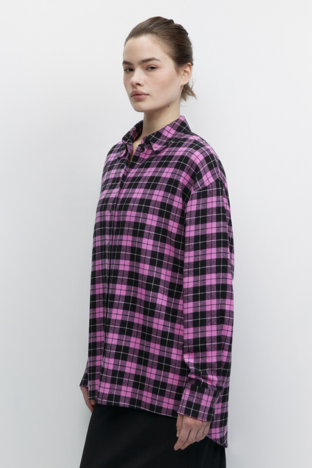 Рубашка oversize фланелевая клетчатая - цвет розовый - 3