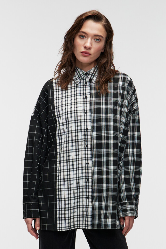 Рубашка oversize клетчатая в стиле пэчворк - цвет мультиколор - 1
