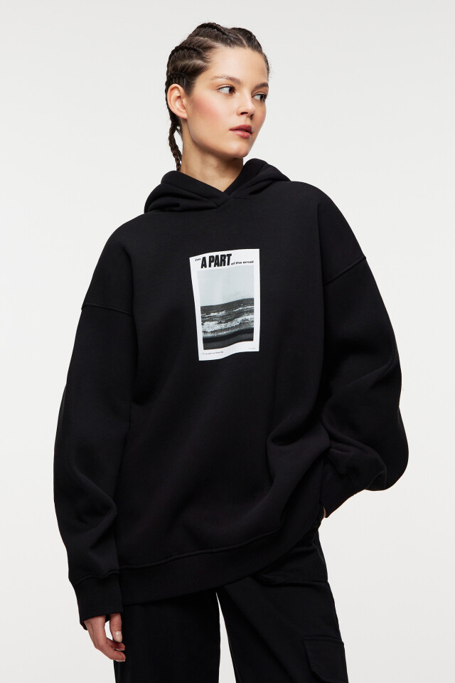 Толстовка хлопковая oversize с принтом - цвет черный - 1