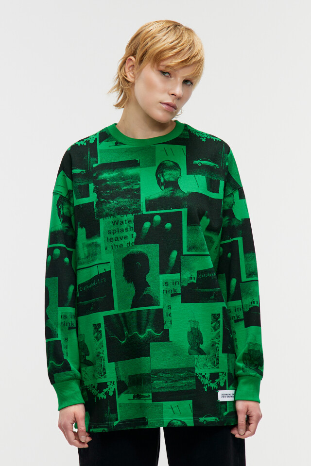 Свитшот хлопковый oversize с принтом и нашивкой - цвет зеленый - 1