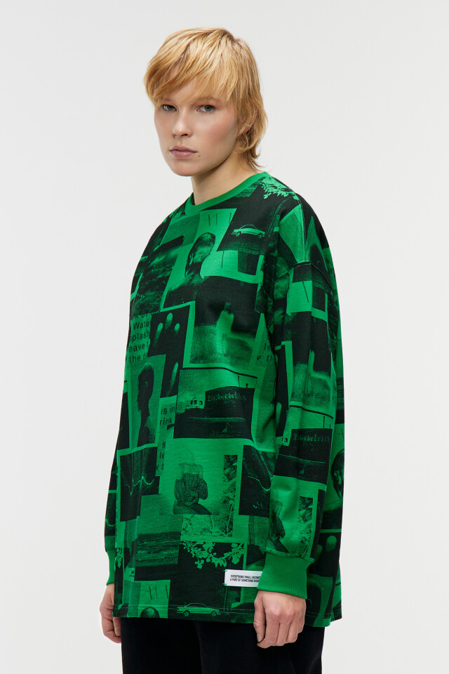 Свитшот хлопковый oversize с принтом и нашивкой - цвет зеленый - 2