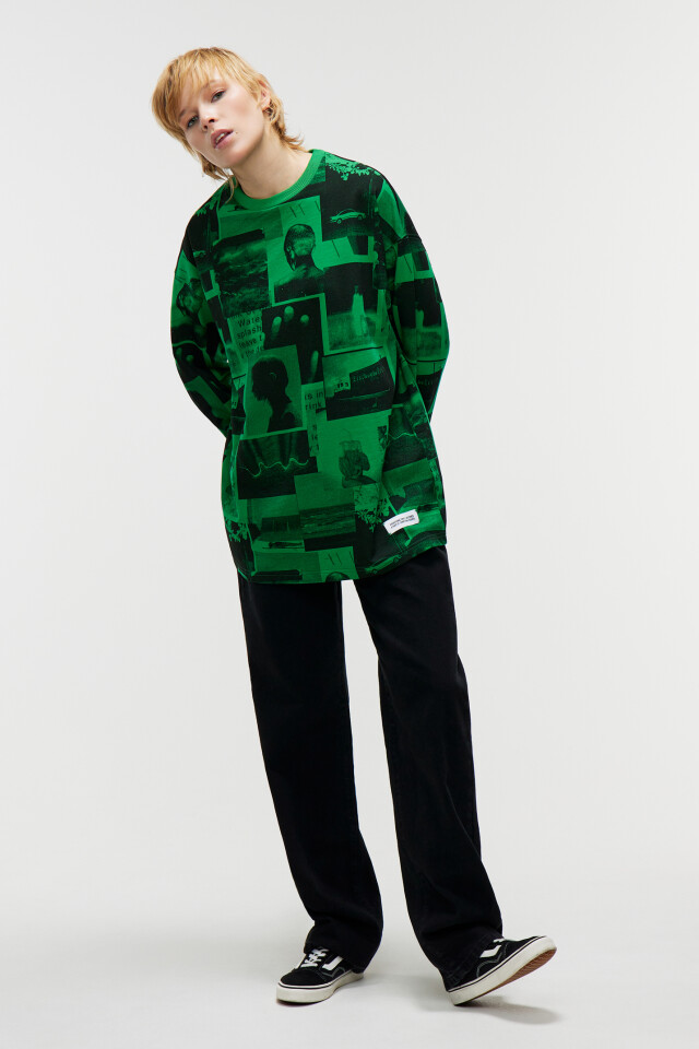 Свитшот хлопковый oversize с принтом и нашивкой - цвет зеленый - 4