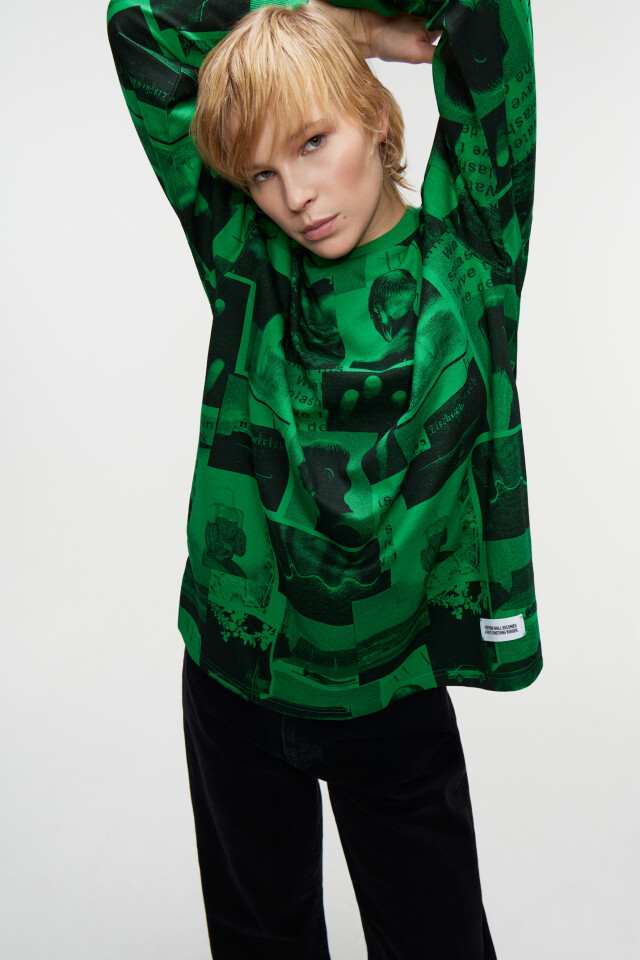 Свитшот хлопковый oversize с принтом и нашивкой - цвет зеленый - 7