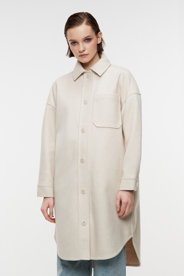 Куртка-рубашка oversize теплая удлиненная - цвет бежевый - 1
