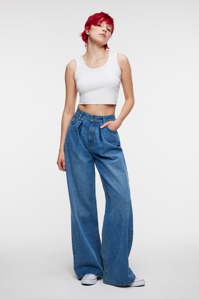 Джинсы wide leg широкие со складками на поясе - цвет голубой - 4