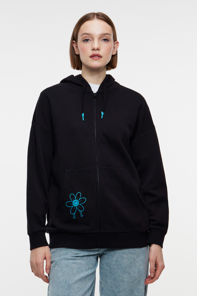 Толстовка oversize хлопковая на молнии с капюшоном - цвет черный - 1