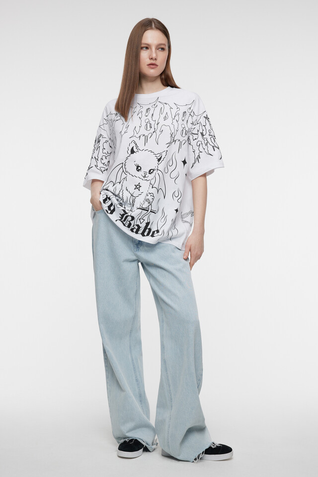 Футболка oversize хлопковая с принтом и надписью - цвет белый - 1