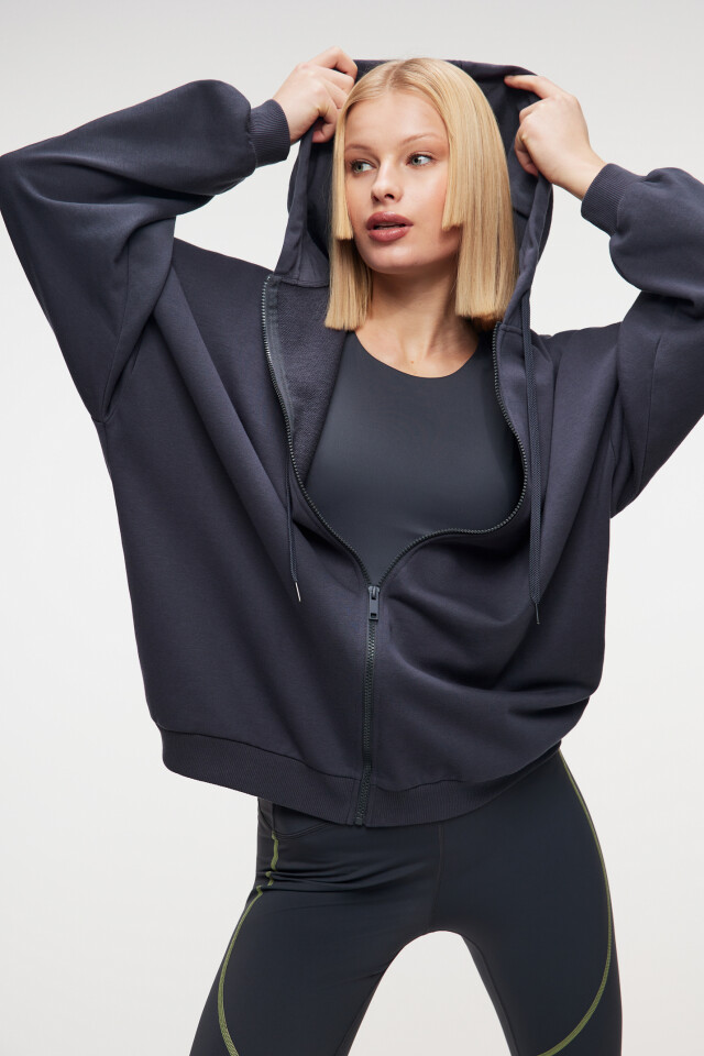 Худи oversize хлопковая на молнии с принтом - цвет серый - 8