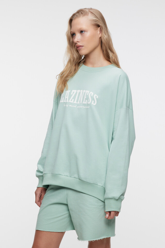 Свитшот oversize домашний хлопковый с принтом - цвет зеленый - 3