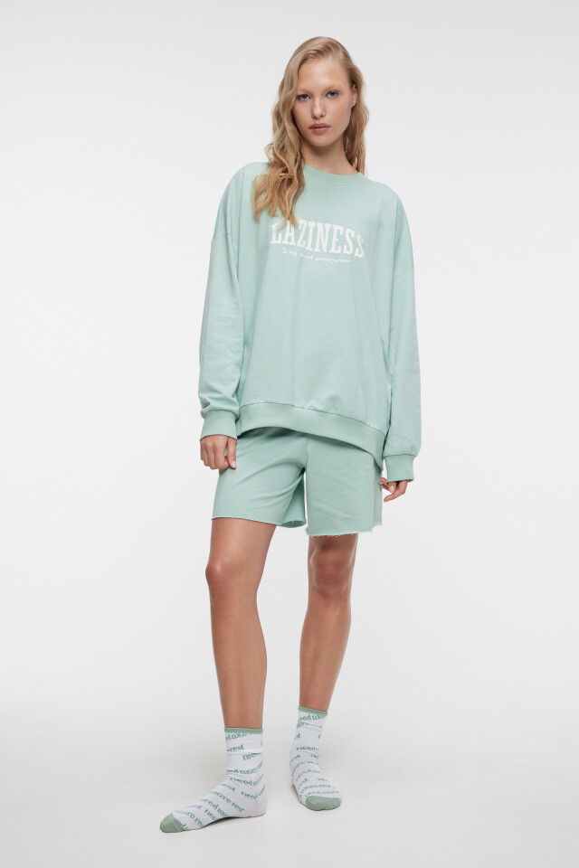 Свитшот oversize домашний хлопковый с принтом - цвет зеленый - 1