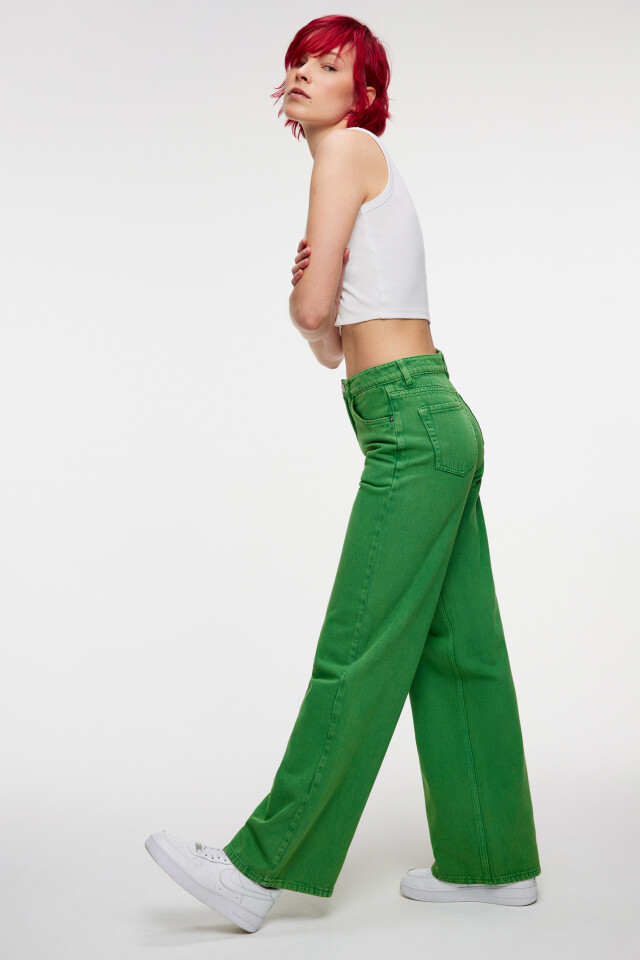 Джинсы wide leg цветные с высокой посадкой - цвет зеленый - 7