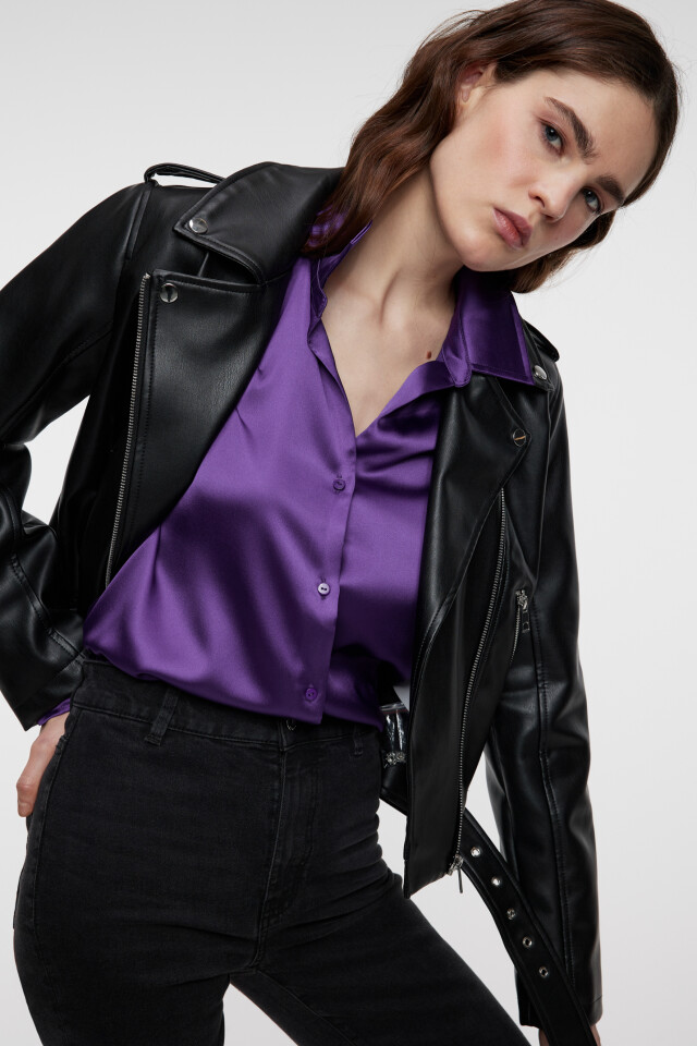 Блузка-рубашка oversize атласная - цвет фиолетовый - 8