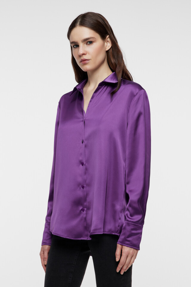 Блузка-рубашка oversize атласная - цвет фиолетовый - 2