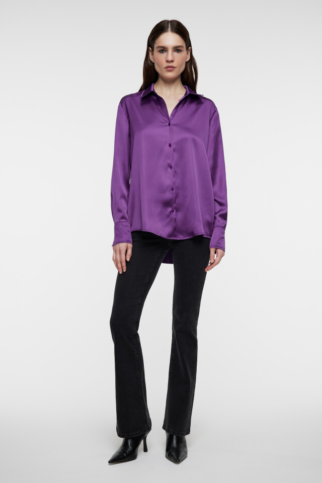 Блузка-рубашка oversize атласная - цвет фиолетовый - 4