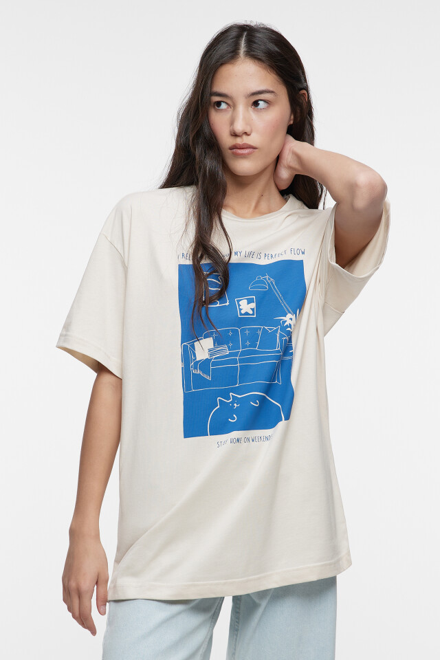 Футболка oversize хлопковая с принтом и надписями - цвет бежевый - 2