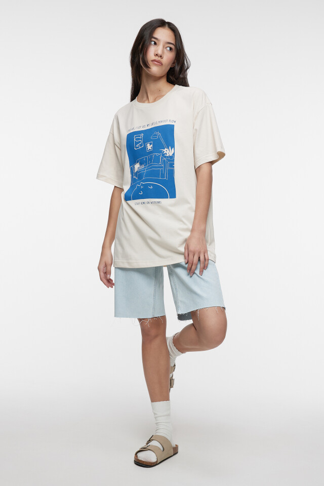 Футболка oversize хлопковая с принтом и надписями - цвет бежевый - 1