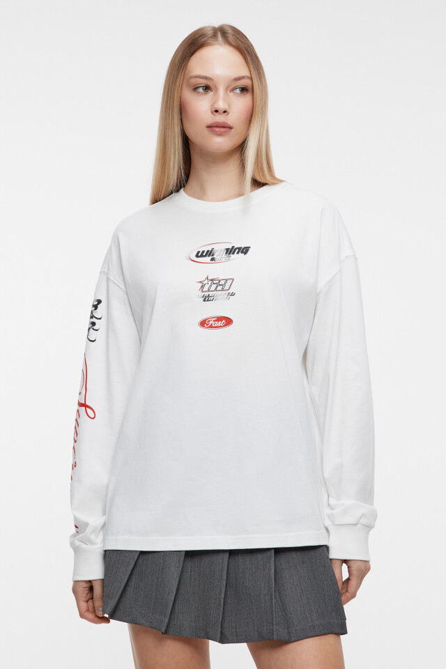 Лонгслив oversize хлопковый с гоночным принтом - цвет белый - 1