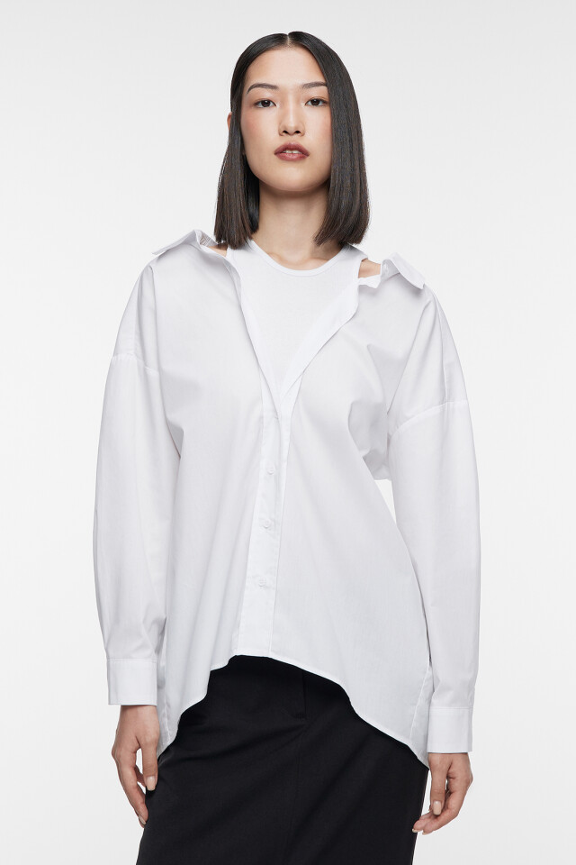Блузка-рубашка oversize хлопковая с вшитой майкой - цвет белый - 1