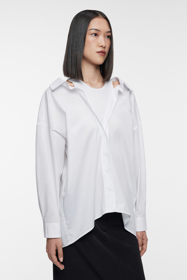 Блузка-рубашка oversize хлопковая с вшитой майкой - цвет белый - 2