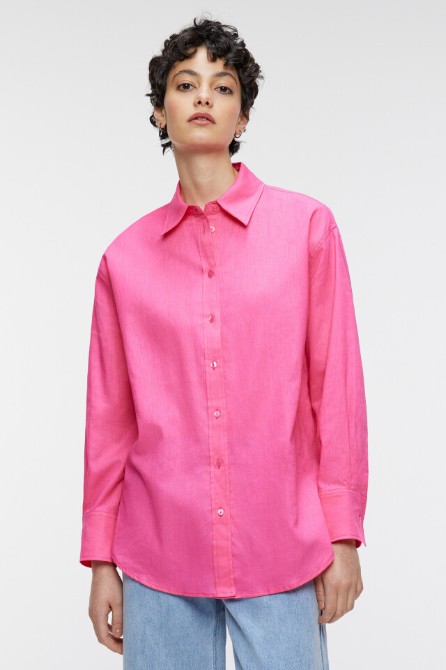 Блузка-рубашка oversize льняная классического кроя - цвет розовый - 2