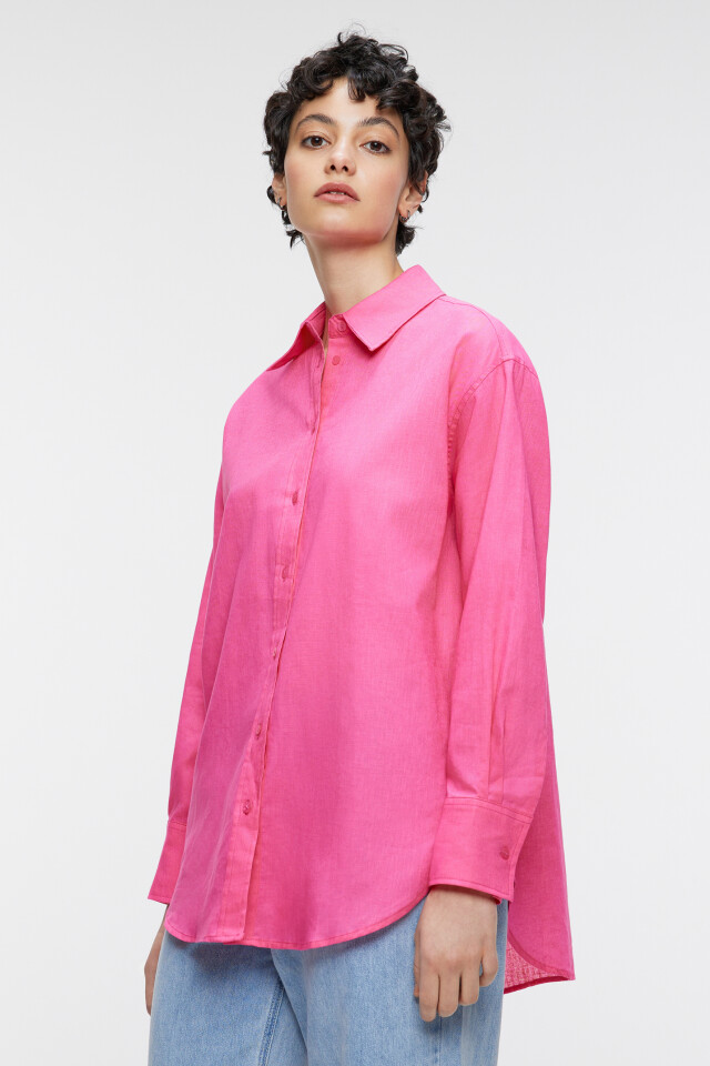 Блузка-рубашка oversize льняная классического кроя - цвет розовый - 3