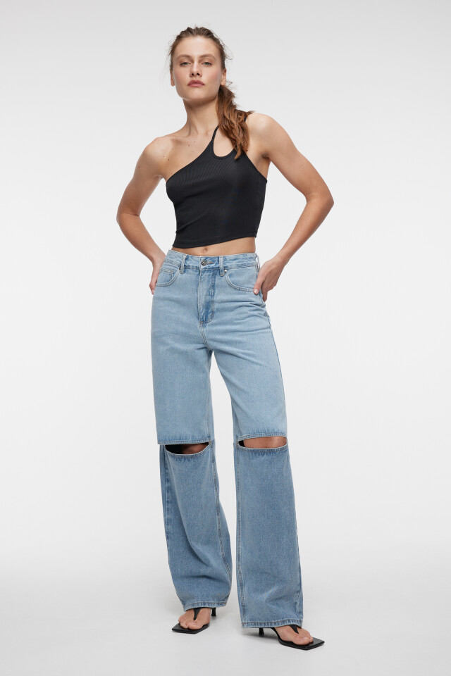 Джинсы wide leg широкие с разрезами на коленях - цвет голубой - 4