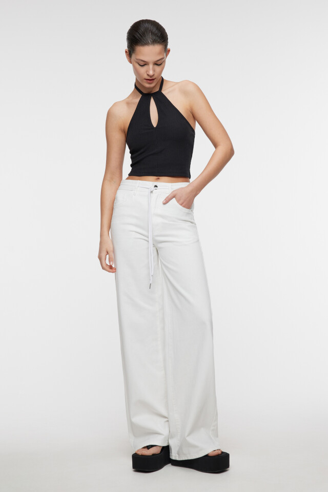 Джинсы wide leg широкие с поясом-шнурком в кулиске - цвет белый - 4