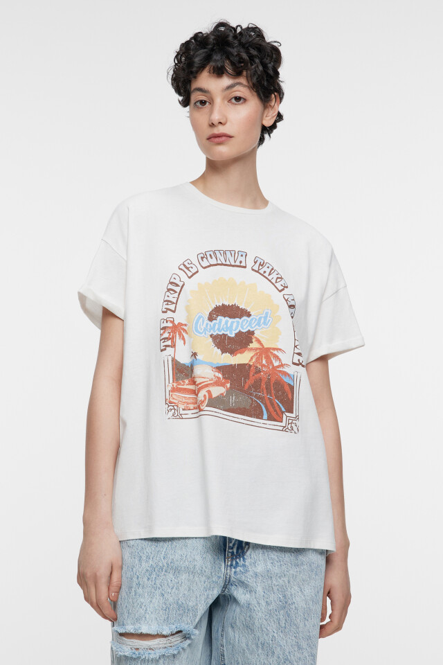 Футболка oversize хлопковая с принтом и надписью - цвет бежевый - 1