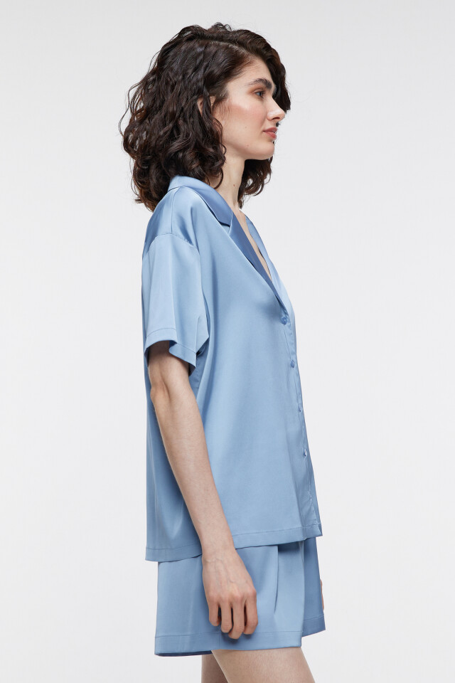 Блузка-рубашка oversize домашняя с коротким рукавом - цвет синий - 3