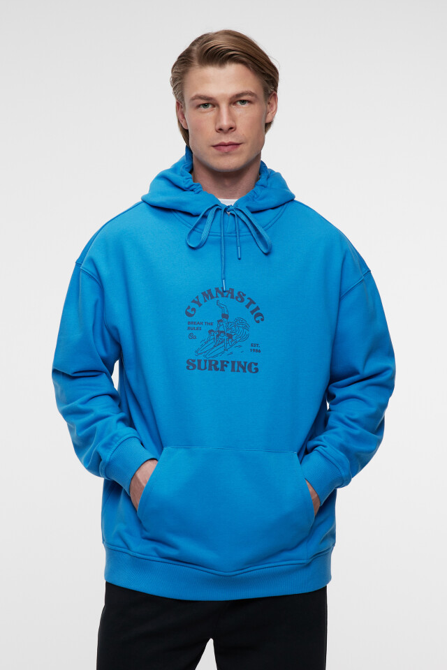 Толстовка oversize хлопковая с капюшоном и принтом - цвет голубой - 2