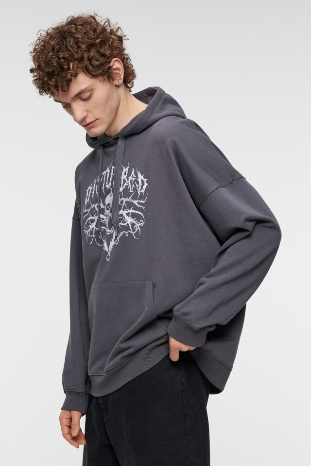 Худи oversize хлопковая с капюшоном и принтом - цвет серый - 3