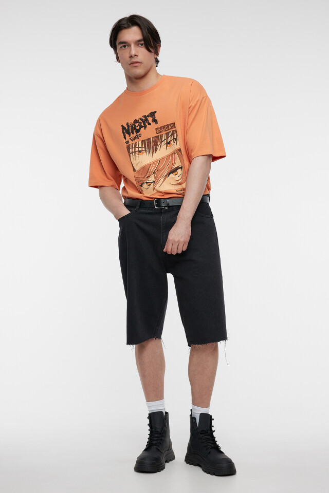 Футболка oversize хлопковая с принтом в стиле аниме - цвет оранжевый - 1