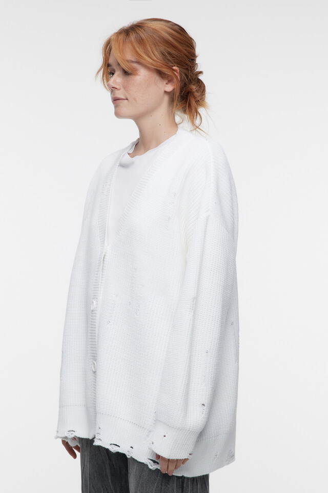 Кардиган oversize вязаный рваный в стиле гранж - цвет бежевый - 2