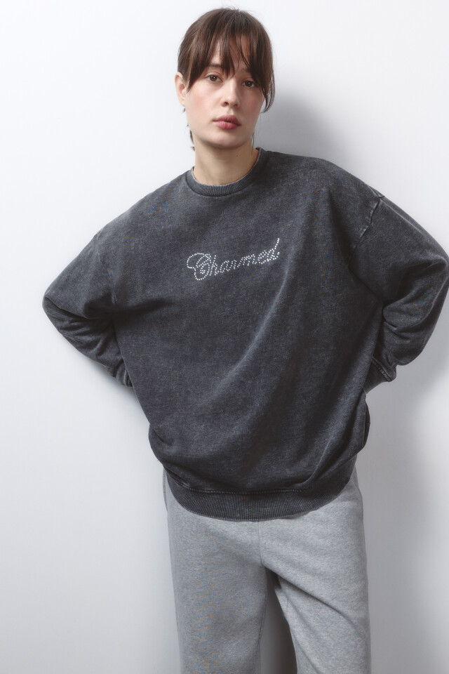 Свитшот oversize с вареным эффектом и стразами - цвет розовый - 1