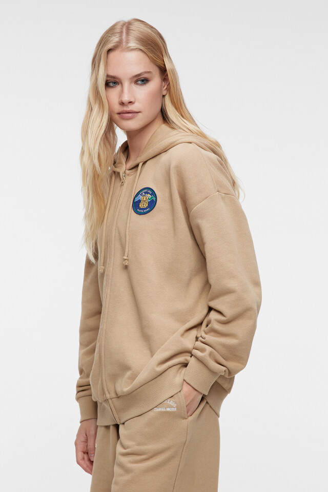 Худи oversize хлопковая на молнии с капюшоном - цвет бежевый - 4