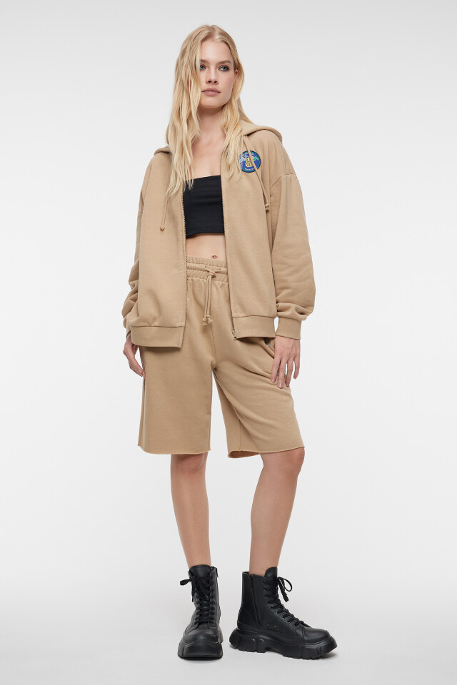 Худи oversize хлопковая на молнии с капюшоном - цвет бежевый - 1