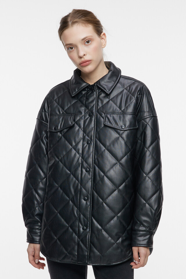 Куртка-рубашка oversize стеганая - цвет черный - 2