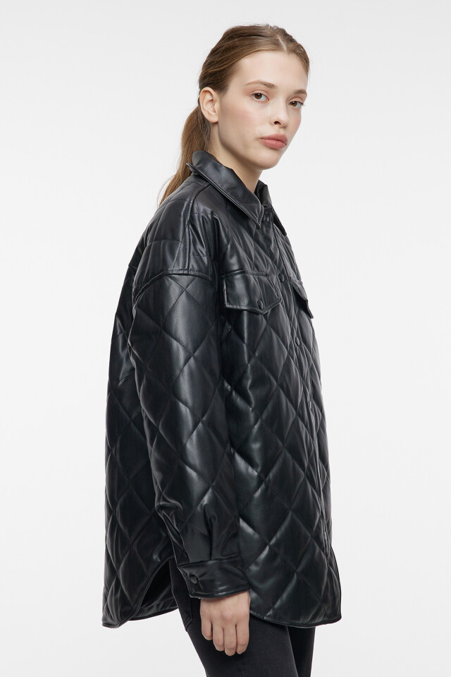Куртка-рубашка oversize стеганая - цвет черный - 3
