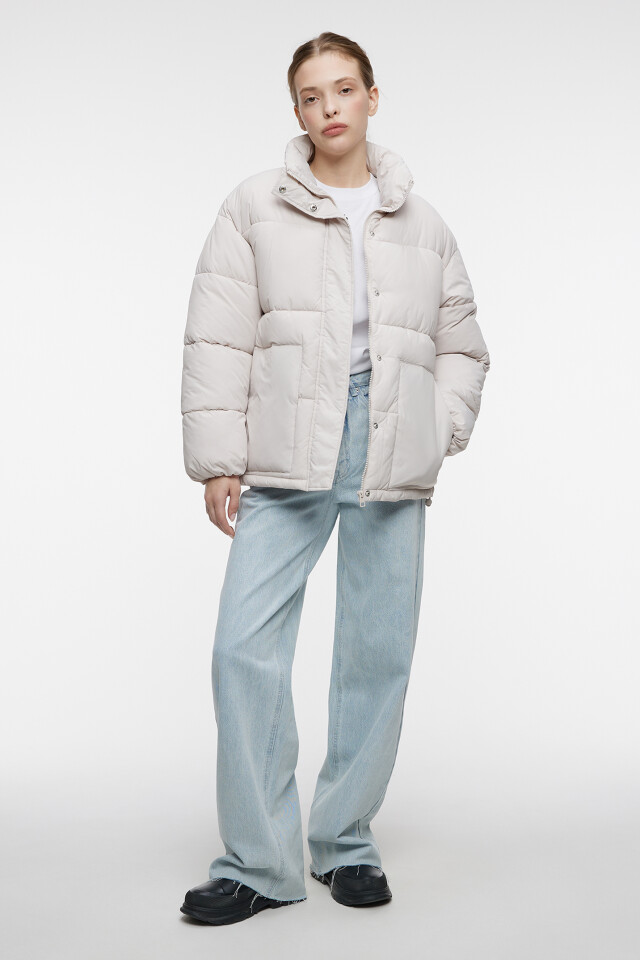 Куртка oversize короткая стеганая с воротником-стойкой - цвет бежевый - 1