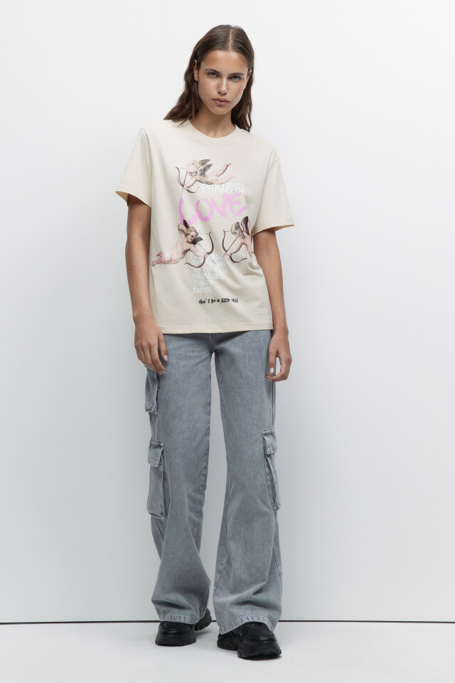 Футболка oversize с картинами и надписями - цвет бежевый - 1